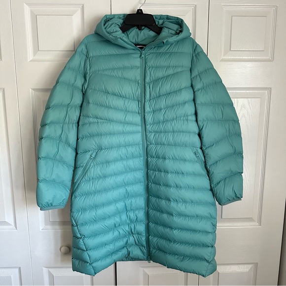 Lands' End Down Puffer Coat Womens XL 18 Teal Hooded Long Lightweight Quilted - Picture 1 of 13
